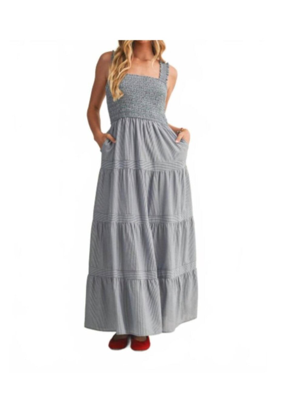 Mustard Seed Smocked Square Neck Tiered Blue Stripe Maxi Dress Size M
